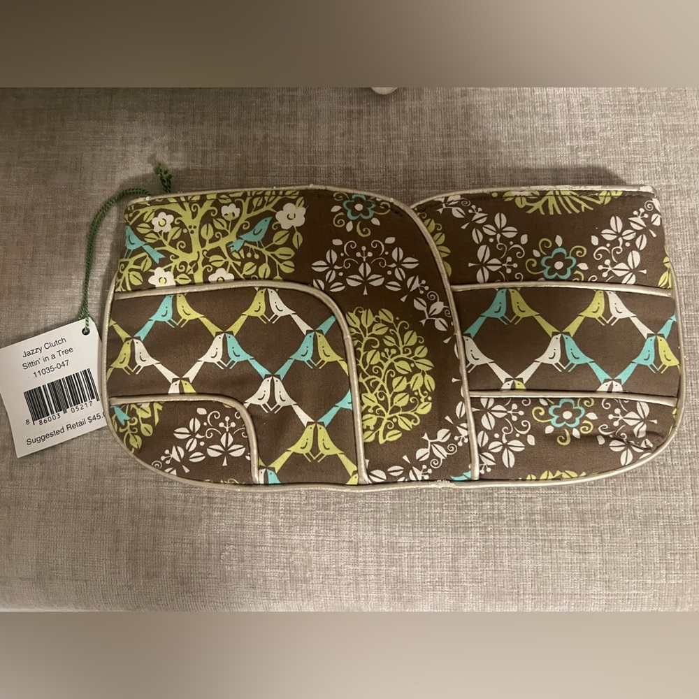 New Vera Bradley Brown& Green Bird Print Jazzy Clutch Sittin in a Tree Pattern